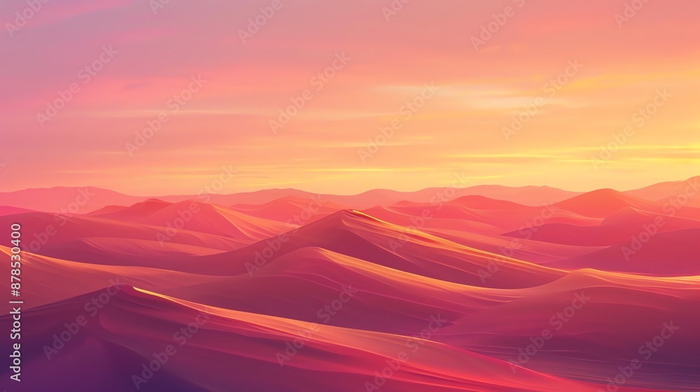 Obraz premium Desert at sunset with vibrant orange and pink sky, silhouettes of distant sand dunes, peaceful and calming atmosphere, natures beauty, expansive view, copy space