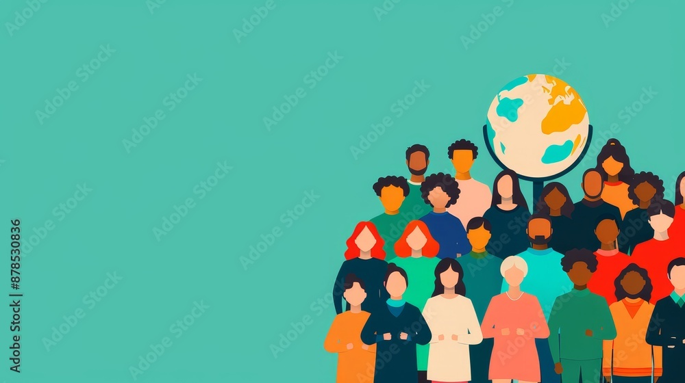 Fototapeta premium Diverse group holding globe, unity concept, copy space for text, focus cover all object, flat design illustration