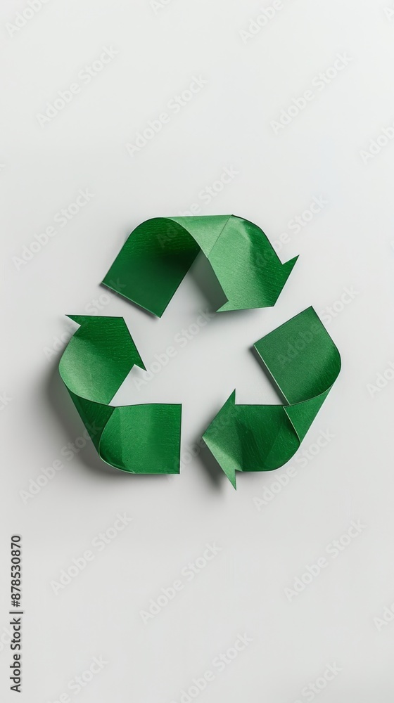 Green recycle symbol made of paper is lying on a white background, promoting environmental awareness and sustainable practices Green recycle symbol made of paper is lying on a white background, promoting environmental awareness and sustainable practices