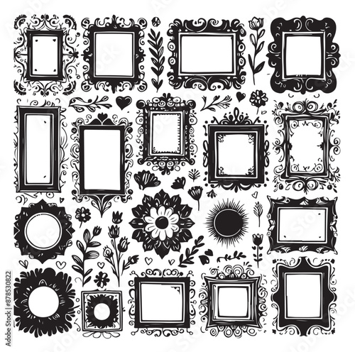 Set of nine ornate black and white frames silhouette vector