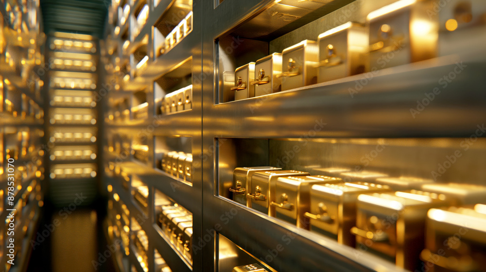 A highly detailed image showing shelves filled with gold bars in a secure vault, illuminated warmly. A highly detailed image showing shelves filled with gold bars in a secure vault, illuminated warmly.