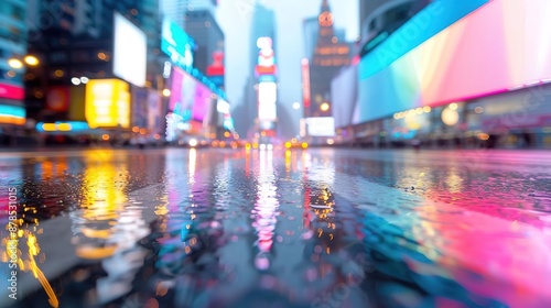 Low Angle, bustling city street, neon lights reflecting off wet pavement, crowds of people enjoying nightlife, vibrant energy, with space on the right side