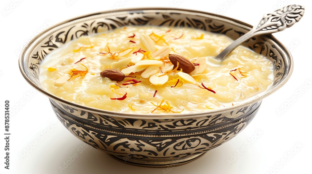 Bowl of chilled kheer with a silver spoon, decorated with saffron and almonds, refreshing and indulgent, isolated on white background, copy space Bowl of chilled kheer with a silver spoon, decorated with saffron and almonds, refreshing and indulgent, isolated on white background, copy space