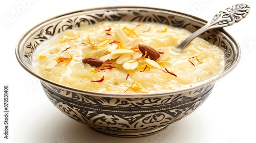 Bowl of chilled kheer with a silver spoon, decorated with saffron and almonds, refreshing and indulgent, isolated on white background, copy space