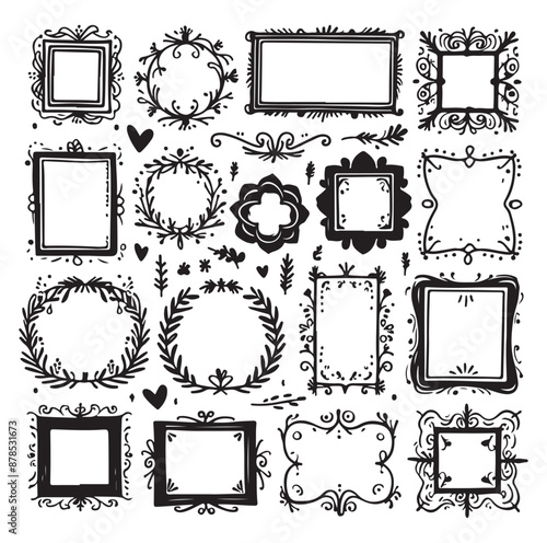 Set of nine ornate black and white frames silhouette vector