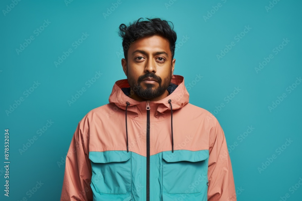 Portrait of a tender indian man in his 30s wearing a lightweight packable anorak in pastel or soft colors background Portrait of a tender indian man in his 30s wearing a lightweight packable anorak in pastel or soft colors background