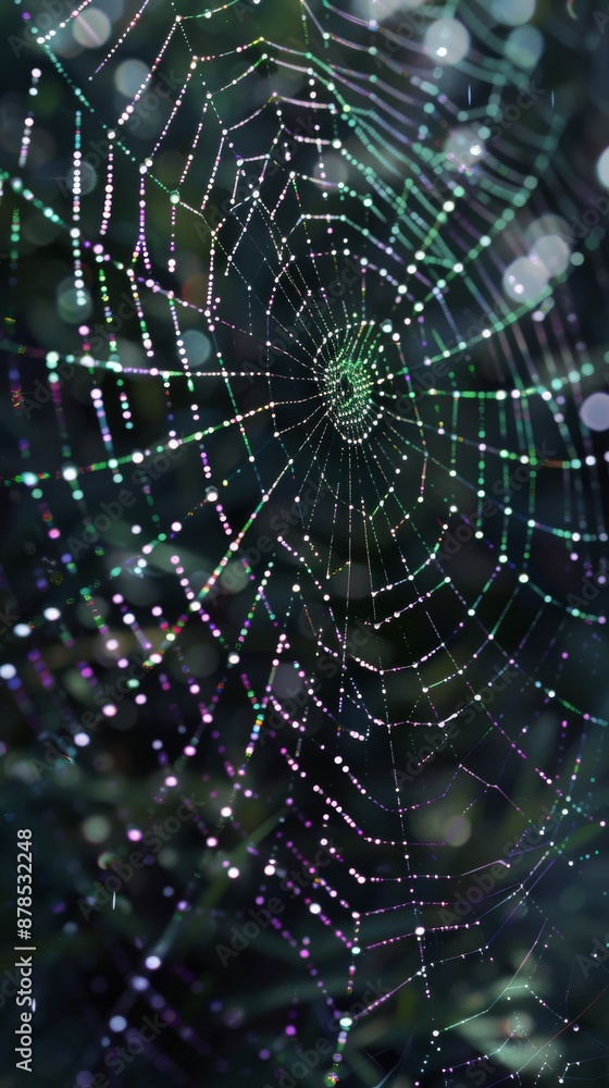 Naklejka premium Spider web glistening with morning dew, creating a beautiful spectacle of nature with its intricate design and sparkling droplets