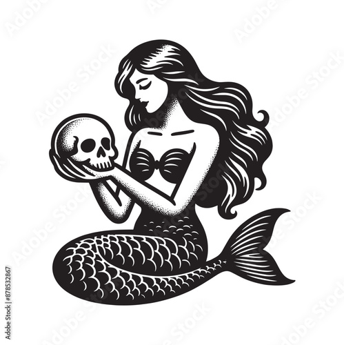 A beautiful mermaid holds a skull in her hands.  Vintage retro engraving illustration. Black icon, isolated element.  Print, tattoo sketch.