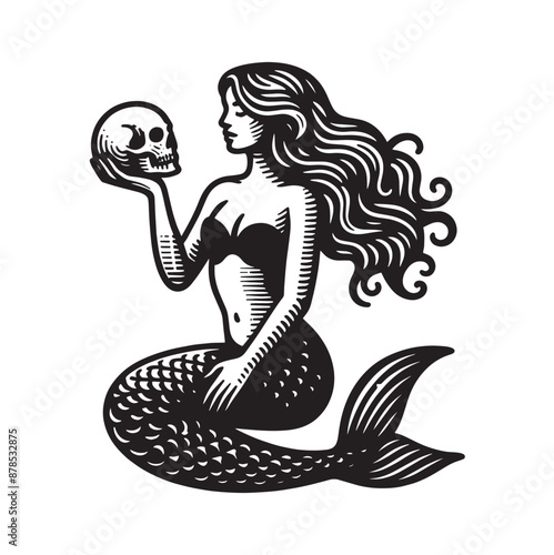 A beautiful mermaid holds a skull in her hands.  Vintage retro engraving illustration. Black icon, isolated element.  Print, tattoo sketch.