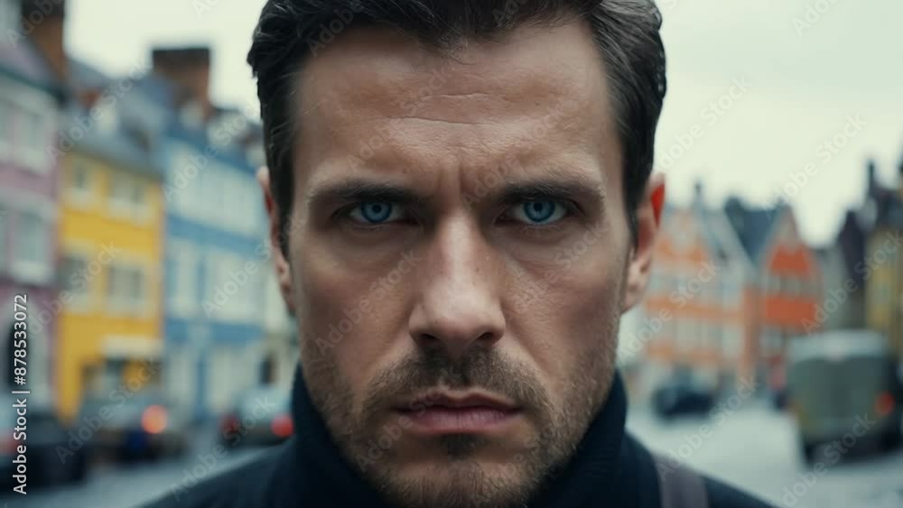 Man serious face portrait on city street Man serious face portrait on city street