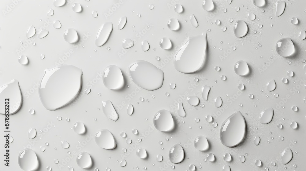 Water droplets of various sizes on a smooth surface create an abstract pattern, reflecting light against a white background Water droplets of various sizes on a smooth surface create an abstract pattern, reflecting light against a white background