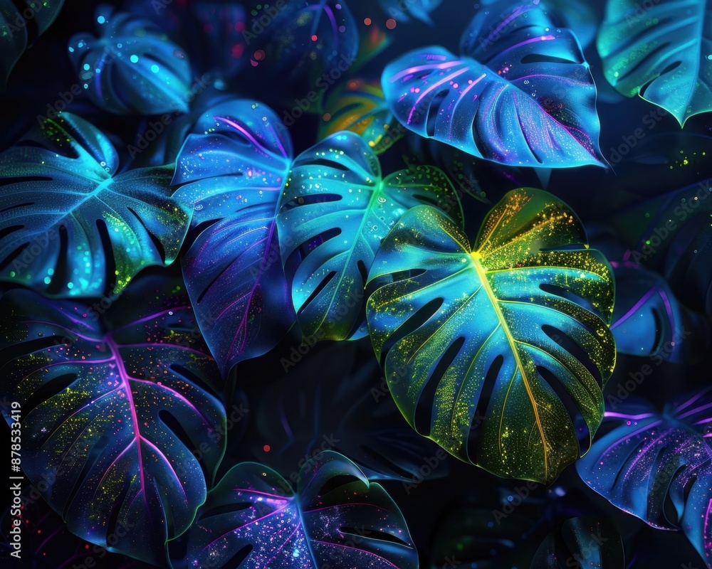 Obraz premium Exotic tropical leaves bathed in neon green and blue light, highlighting textures and shapes, against a dark, mysterious backdrop