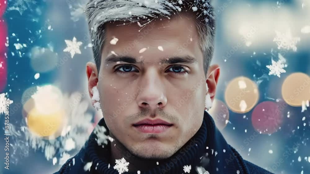 Young man serious face portrait on city street snowing Young man serious face portrait on city street snowing