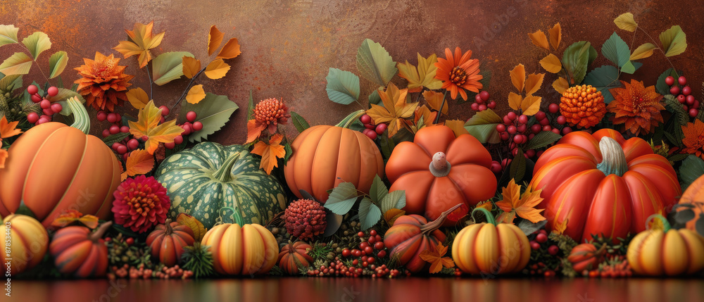 Vibrant autumn harvest scene with pumpkins, gourds, detailed textures. Vibrant autumn harvest scene with pumpkins, gourds, detailed textures.