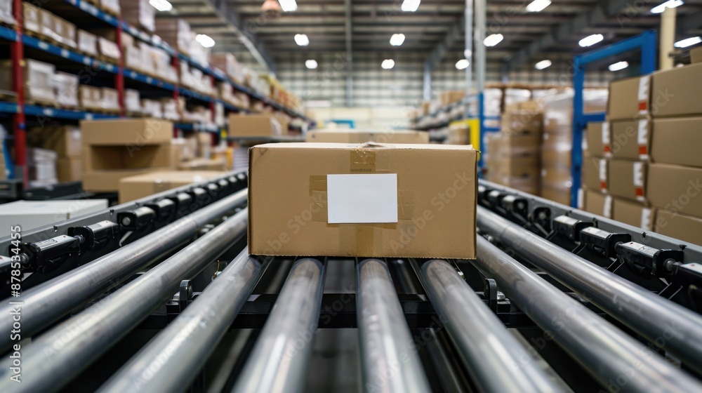 Boxes on a conveyor roller system, showcasing industrial automation in a warehouse setting. Boxes on a conveyor roller system, showcasing industrial automation in a warehouse setting.