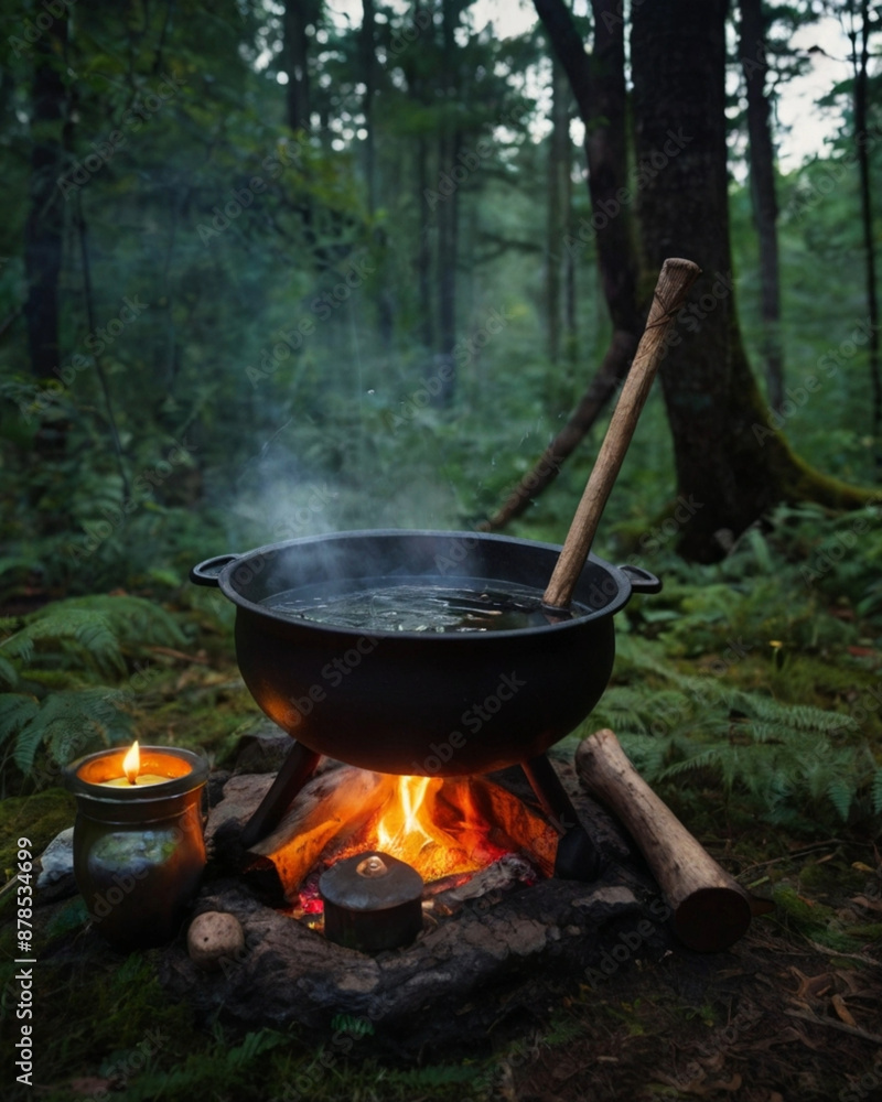 Halloween Witch's Cauldron in the Forest, Potion brewing, eerie forest setting, dark woods, Magical witchcraft potion Halloween Witch's Cauldron in the Forest, Potion brewing, eerie forest setting, dark woods, Magical witchcraft potion