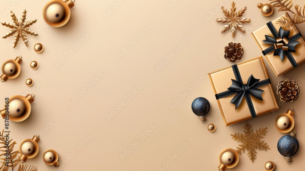 Fototapeta premium Golden Merry Christmas and Happy New Year banner with realistic and festive elements