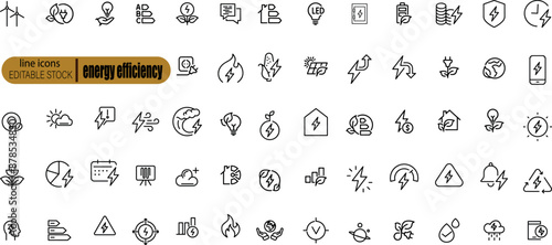 Line icons about energy efficiency and saving. Sustainable development. Thin line icon set. Symbol collection in transparent background. Editable vector stroke. 512x512 Pixel Perfect