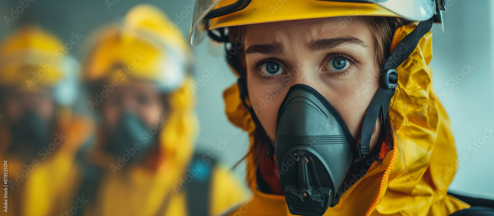 Woman worker with gas mask Woman worker with gas mask