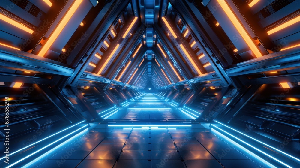 An abstract futuristic triangle spaceship corridor with dynamic lighting, suggesting a high-tech, sci-fi environment for imaginative concepts. An abstract futuristic triangle spaceship corridor with dynamic lighting, suggesting a high-tech, sci-fi environment for imaginative concepts.