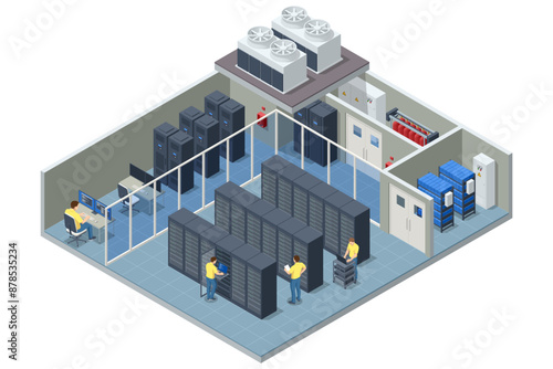Isometric Network computing technologies Digital space. Data storage. Data center implements reliable security and backup systems, protecting data from cyberattacks, ensuring recovery in case of loss