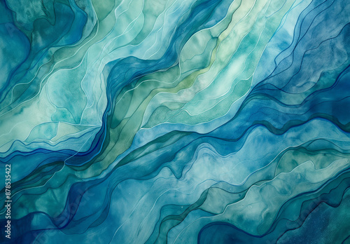 An aerial view of water flowing through an abstract river, top down view, birds eye view, turquoise and blue colors, native art style painting