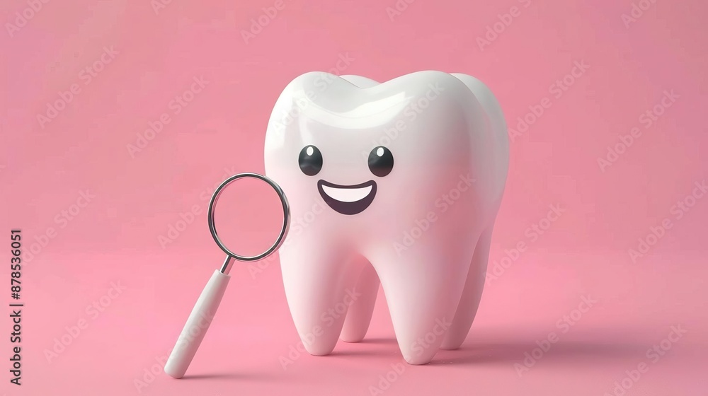 Smiling cartoon tooth with magnifying glass on pink background. Dental hygiene concept. Smiling cartoon tooth with magnifying glass on pink background. Dental hygiene concept.