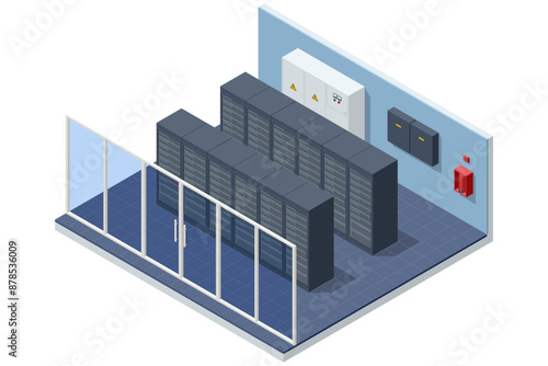 Isometric Network computing technologies Digital space. Data storage. Data center implements reliable security and backup systems, protecting data from cyberattacks, ensuring recovery in case of loss
