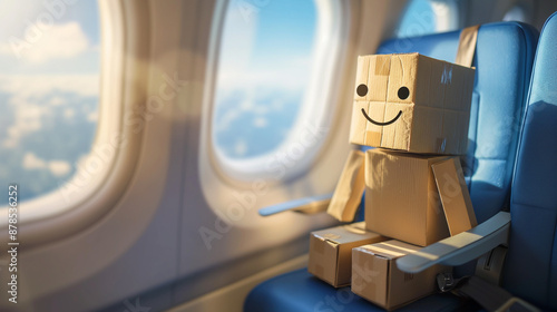 Cardboard box robot sitting on airplane seat