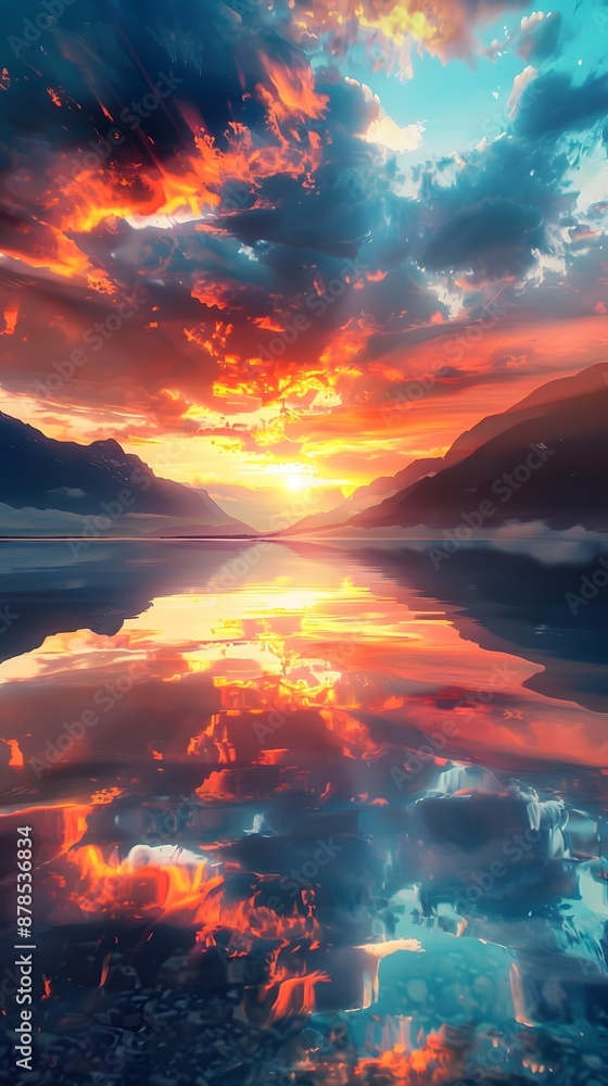 Fototapeta premium Fiery Sunset Reflected in Mountain Lake.