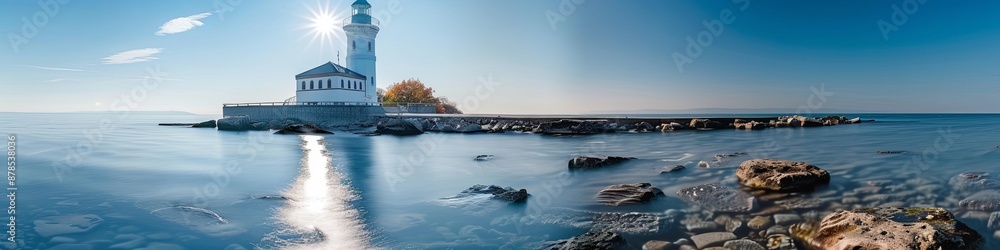 Lighthouse on a rocky island in the blue sea with a sun shining. Lighthouse on a rocky island in the blue sea with a sun shining.