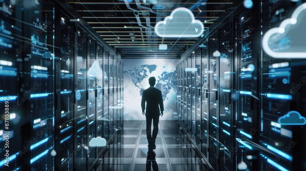 Cloud based data management displayed by office worker with holographic server and files Cloud based data management displayed by office worker with holographic server and files
