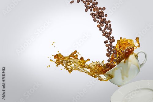 Coffee beans pouring into a splashing cup of coffee in a turbulent manner