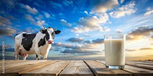 A Cow's Gift Fresh Milk in a Glass on a Rustic Wooden Table Against a Cloudy Sky, dairy , milk , cow , farm