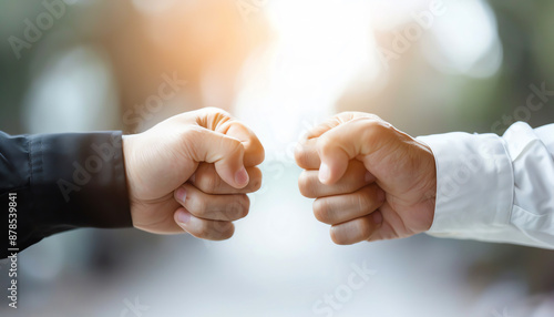 Two hands giving a fist bump, symbolizing teamwork and collaboration, with a blurred background and bright sunlight.