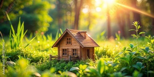 A Miniature Wooden House Nestled in a Lush Green Meadow, Sunbeams Stream Through the Trees, Creating a Magical Atmosphere, Real Estate, Dream Home, Fairy Tale, Nature