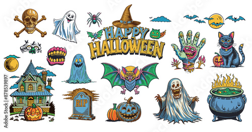 A vibrant and detailed retro style vector set featuring a variety of Halloween-themed illustrations, including a skull and crossbones, ghosts, a haunted house and a "Happy Halloween" banner.