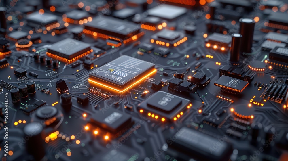 Close-up of electronic components on a sleek background. Close-up of electronic components on a sleek background.