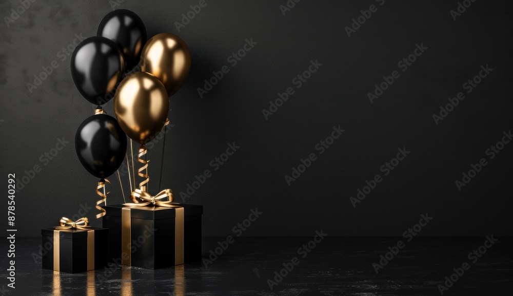 Black and Gold Balloons and Presents on a Dark Background Black and Gold Balloons and Presents on a Dark Background