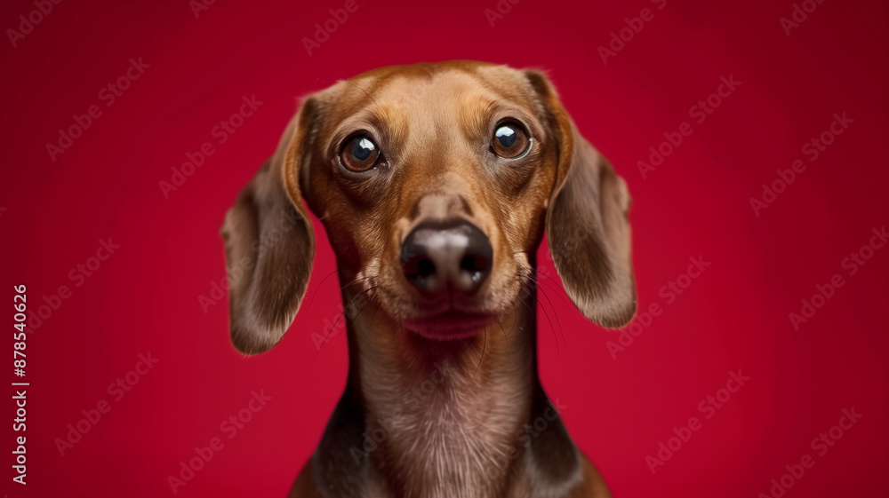 Close-up Portrait of a Dachshund on Red Background Close-up Portrait of a Dachshund on Red Background