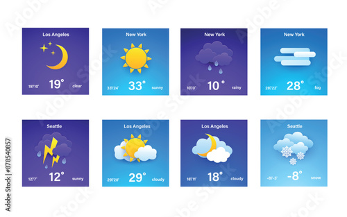Weather forecast widget icon set. Paper cut style.  3d mobile app ui design, climate cartoon sign,  daily application template.