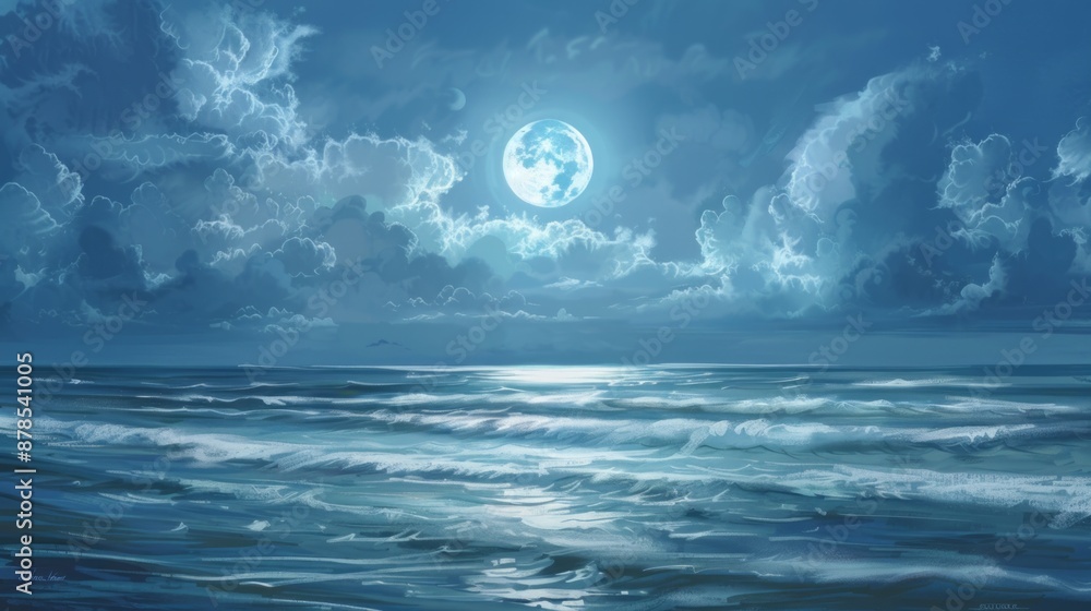 Fototapeta premium White full moon in the sea all night. Clouds. Blue sea