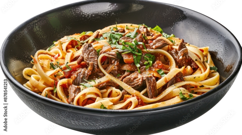 Pasta fettuccine with beef ragout sauce in black bowl. top view, tasty restaurant menu., Pasta fettuccine with beef ragout sauce in black bowl. top view, tasty restaurant menu.,