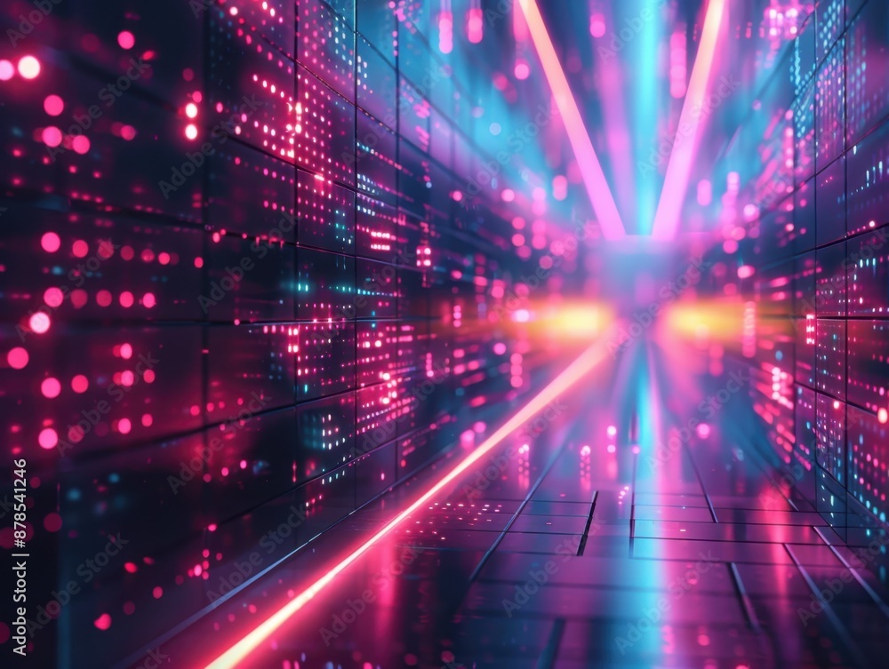 High-tech digital background featuring geometric grids, neon lights, and data streams, perfect for technological workflow presentations High-tech digital background featuring geometric grids, neon lights, and data streams, perfect for technological workflow presentations