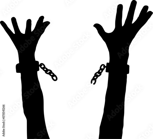 hands in the air with shackles on the wrist with a broken chain hanging from the shackles silhouette