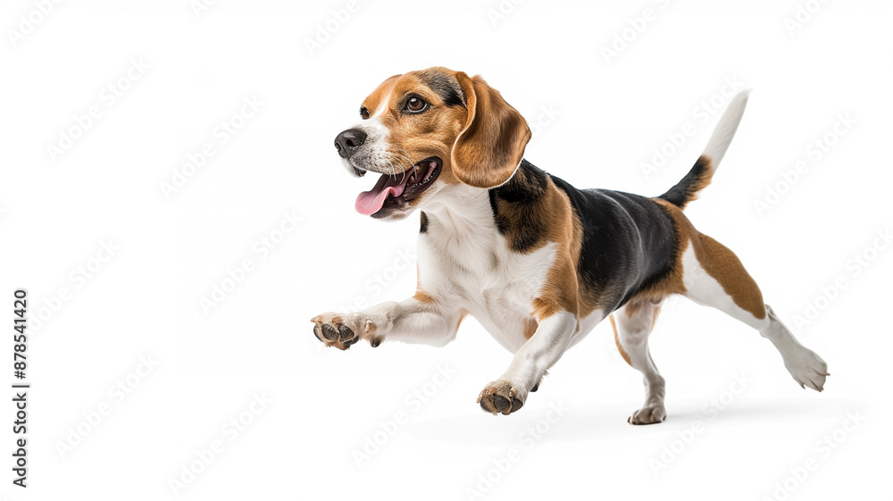 Dynamic Beagle in Mid-Leap on White Background