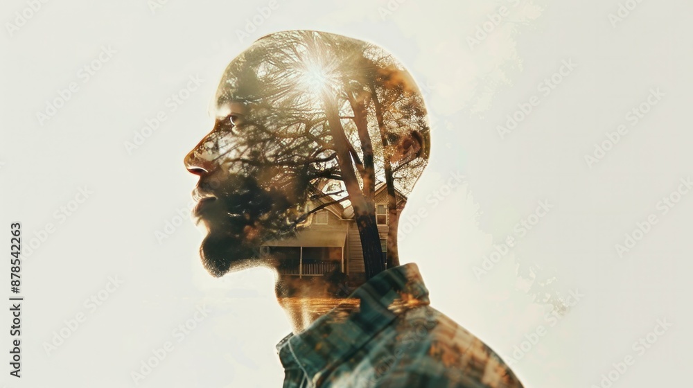 photograph of a man on a white background in double exposition, showing his desire. Inside his head, photograph of a man on a white background in double exposition, showing his desire. Inside his head,