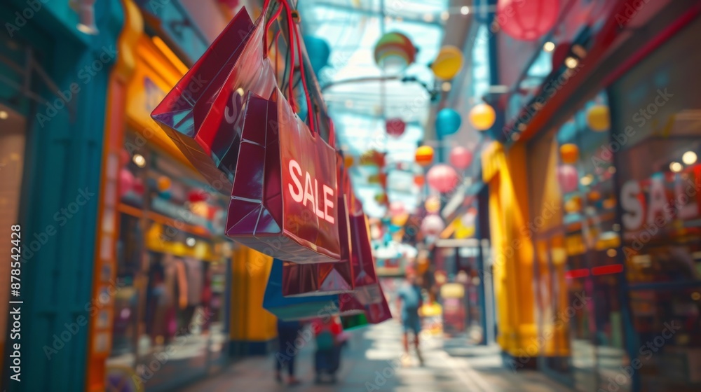 Fototapeta premium Colorful shopping mall with sale signs and bags hanging, bright lights and cheerful atmosphere, perfect for retail and sale themed projects