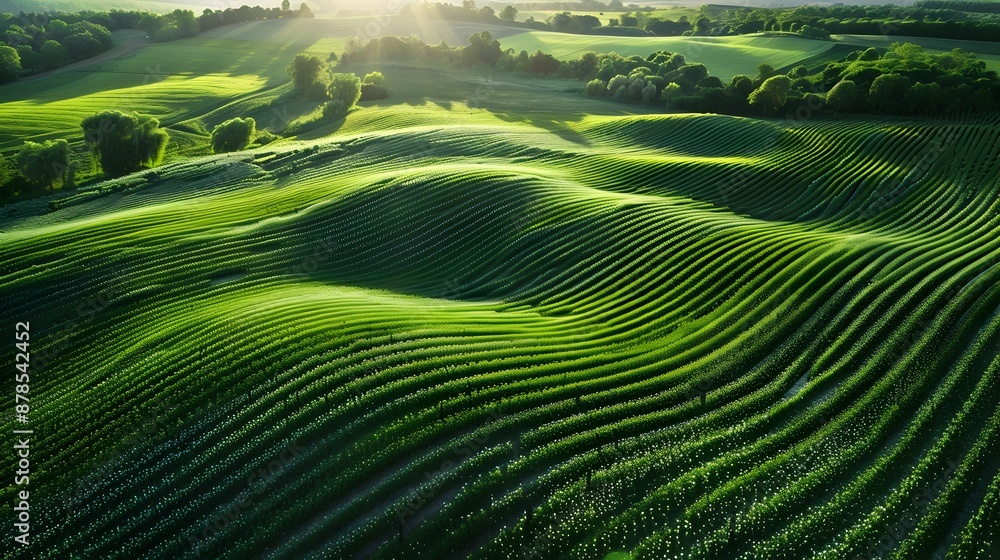 Fototapeta premium Vibrant Green Precision Farming Landscape with Lush Rolling Fields and Hills