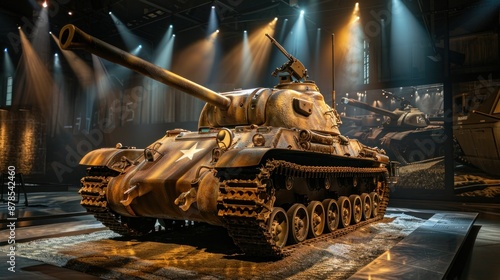 Photorealism of a meticulously restored WW2 tank on display in a museum setting, detailed texture